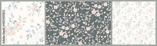 Seamless floral pattern, delicate botanical design of simple hand drawn flowers twigs. Romantic ditsy print collection: small flowers, thin branches, tiny leaves in pastel colors. Vector illustration.