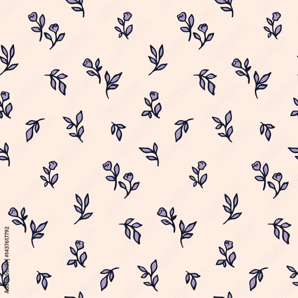 Fototapeta premium Seamless floral pattern, liberty ditsy print of simple hand drawn plants. Cute botanical design, minimal abstract pattern of small flowers, tiny leaves. Fashion print. Vector illustration.