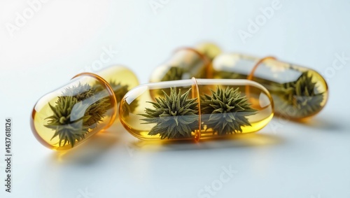 Medical Pills of Cannabis - marijuana flowers inside pills, cannabis tablets. 3D rendering