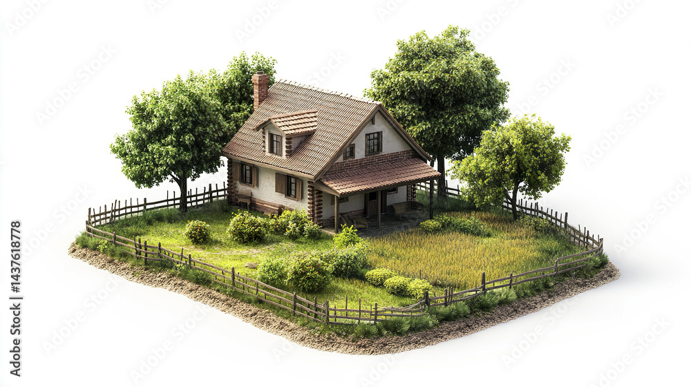 charming farmhouse surrounded by lush greenery and wooden fence, evoking peaceful rural charming farmhouse surrounded by lush greenery and wooden fence, evoking peaceful rural