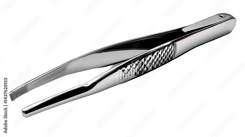 Fototapeta premium Precision Instrument: A close-up shot showcases a polished, chrome-finished tweezer, a staple in grooming and precision tasks. Its design reflects both functionality and aesthetic appeal.