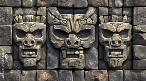 Ancient Stone Carving Wall with Three Mystical Masks