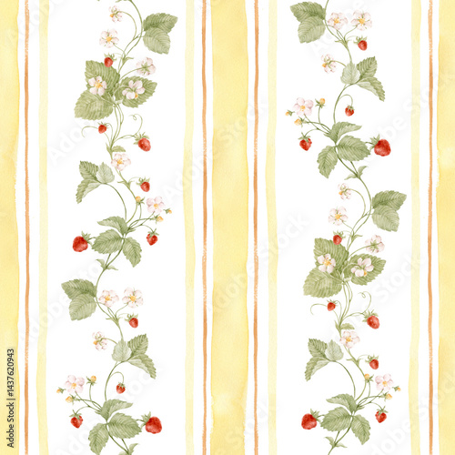 Vintage Floral Pattern with Strawberries and Yellow Stripes