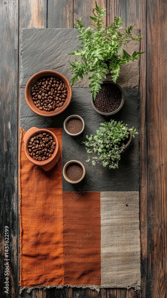 Rustic coffee still life with plants and textiles Rustic coffee still life with plants and textiles