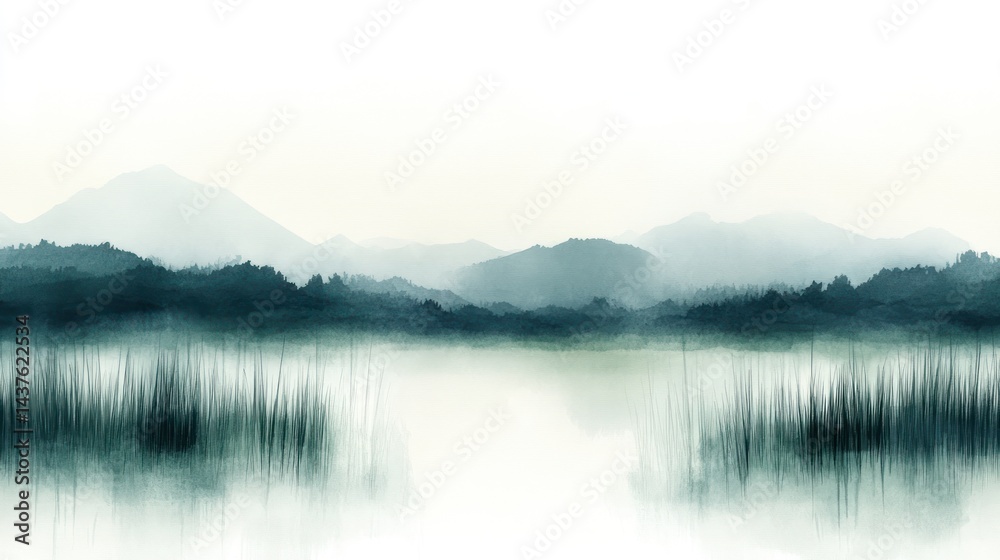 Obraz premium Serene Misty Mountain Lake Landscape: A Watercolor Dream