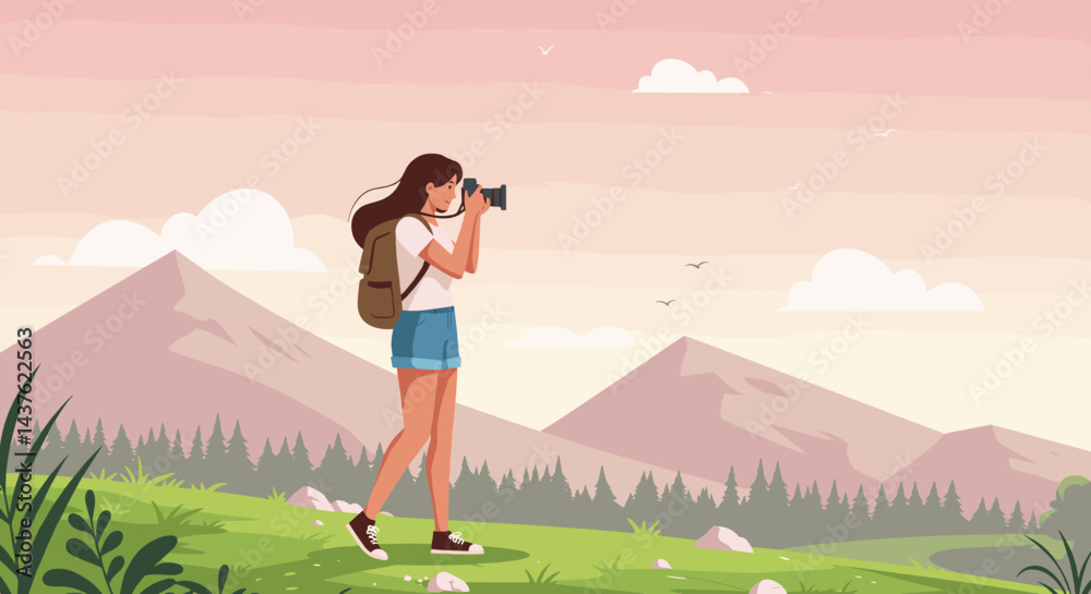 Obraz premium Young woman taking photographs in a serene mountain landscape