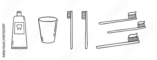 Toothpaste, toothbrush, dental cleaning equipment doodle hand drawn icon. Outline drawing toothpaste, toothbrush, line clipart symbol