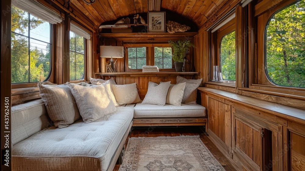 Fototapeta premium Cozy wooden wagon interior with comfy seating area, natural light, and decorative accents.