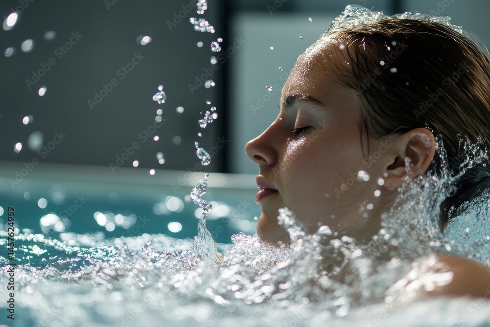 Obraz premium Joyful water splash captures a moment of tranquility and refreshment during a serene swim at a modern indoor pool