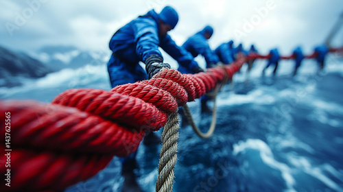 Team pulling a thick red rope over choppy water.  A group of people wearing waterproof clothing are pulling a thick red rope.
