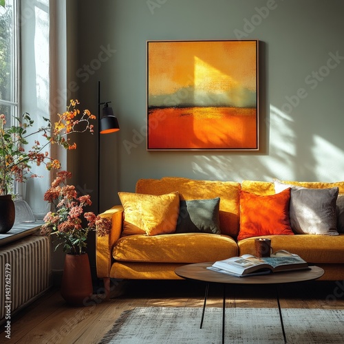 Interior view of a living room with a sofa painting and natural light.