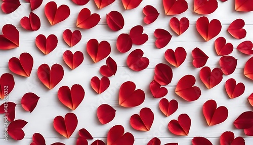 Scattered red heart shaped rose petals on a white wooden surface creating a love themed pattern
