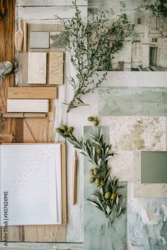 Green design mood board with various textures and samples