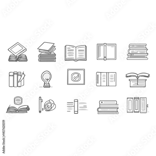 A Diverse Collection of Books and Reading Icons Representing Learning, Knowledge, and Education in a Minimalist Style for Educational Purposes and Design Projects