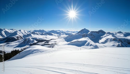 Snowy Mountain Landscape under Bright Sunshine  