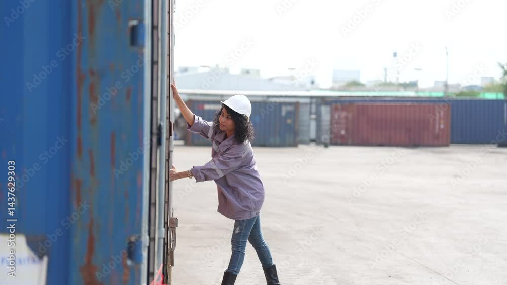 custom made wallpaper toronto digitalFemale inspector in safety gear examines the inside of a shipping container at a freight yard, symbolizing diligence in cargo logistics.