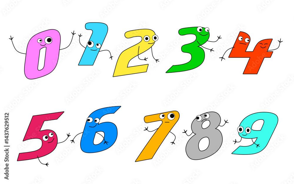 Colorful and Playful Cartoon Number Characters from Zero to Nine, Each with Googly Eyes, Arms, and Legs on a White Background, Ideal for Children's Learning and Educational Materials Colorful and Playful Cartoon Number Characters from Zero to Nine, Each with Googly Eyes, Arms, and Legs on a White Background, Ideal for Children's Learning and Educational Materials