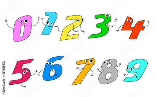 Colorful and Playful Cartoon Number Characters from Zero to Nine, Each with Googly Eyes, Arms, and Legs on a White Background, Ideal for Children's Learning and Educational Materials