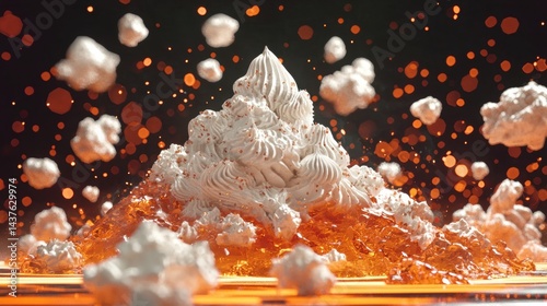 Abstract dessert, a white meringue mountain atop a vibrant orange jelly, surrounded by flying meringue pieces and light effects.