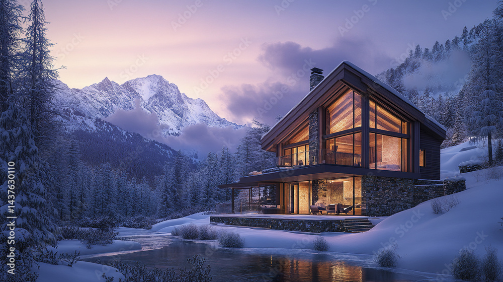 Fototapeta premium Luxurious mountain chalet with panoramic views, nestled in snowy landscape, evokes tranquility