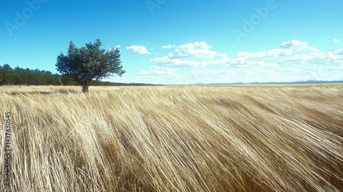 Open field with lone tree under a vibrant blue sky.  Vast expanse of golden grass swaying gently in the breeze.  Scenic landscape, perfect for a peaceful moment.