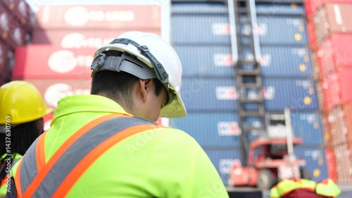 Port worker in safety gear watches a container stacker move blue and red shipping containers at an international freight terminal.