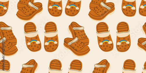 Seamless pattern with cute summer brown beach or home children's slippers. Endless texture with fashionable and stylish home shoes for print. Colored flat vector illustration.