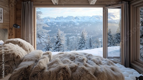 Cozy mountain chalet bedroom with panoramic snow-capped Alps view.  Fluffy bedding, wooden interior, winter landscape.
