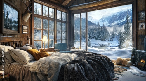 Cozy winter cabin bedroom with mountain view. Snowy landscape outside large windows, warm interior, comfortable bed with blankets and pillows, wood accents.
