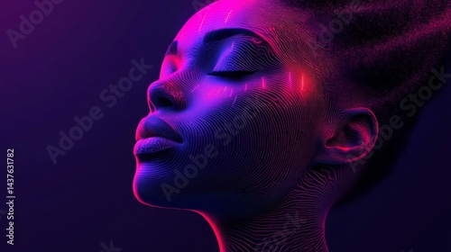 Abstract Portrait of a Woman with Glowing Pink and Purple Lights
