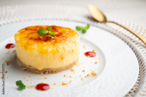 Fotografie Burnt Catalan custard tart with a biscuit base