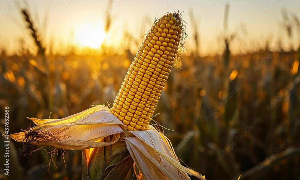A vibrant close-up of corn on the cob in a field at sunset. Harvest season.