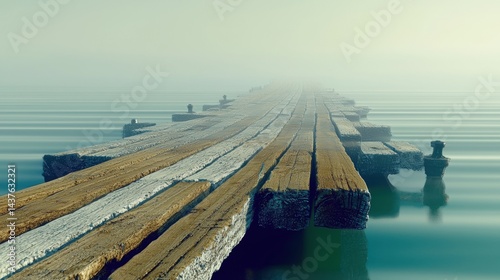 Misty wooden pier extending into a tranquil lake.