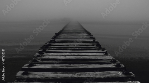 Foggy wooden pier extending into a misty distance.
