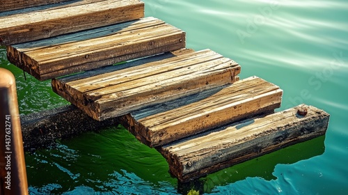 Wooden steps leading into turquoise water.