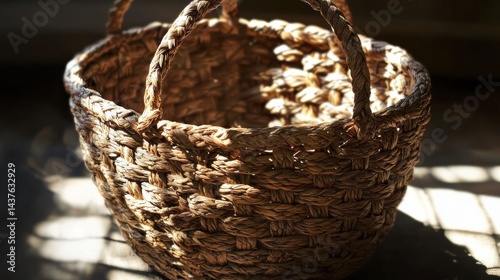 Empty light brown woven straw basket with handles.