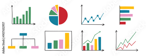 charts and graphs doodle hand drawn icon set. Different types of charts for business presentation. data and analytics diagram cartoon concept drawing
