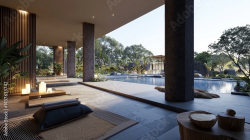 Tranquil outdoor meditation space overlooking a serene pool.
