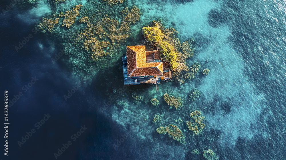 Aerial view of unique overwater house surrounded by vibrant coral reefs and clear blue water Aerial view of unique overwater house surrounded by vibrant coral reefs and clear blue water
