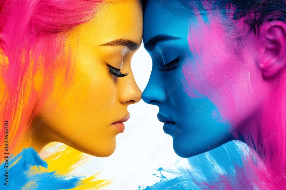 Obraz premium Two models posing with colorful body painting touching noses