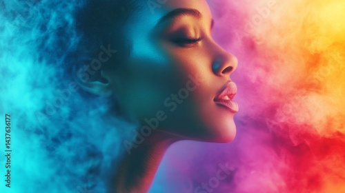 Serene Woman Amidst Vibrant Smoke Colors