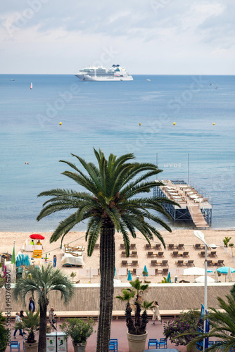 French Riviera beach view with palm trees