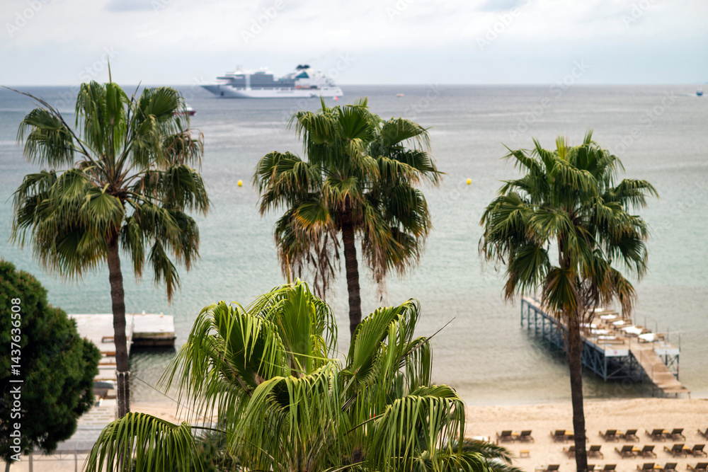 French Riviera beach view with palm trees