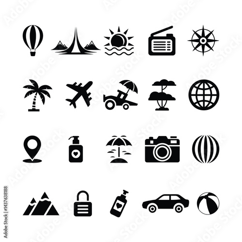 Collection of travel and vacation icons in solid black silhouette style, including beach, transportation, nature, and adventure elements