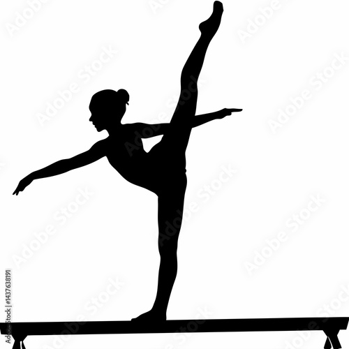 Black silhouette of a gymnast performing an elegant balance on the beam, symbolizing strength, flexibility, and precision, ideal for gymnastics, fitness, and athletic designs.