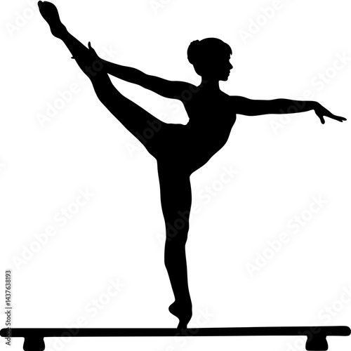 Black silhouette of a gymnast performing an elegant balance on the beam, symbolizing strength, flexibility, and precision, ideal for gymnastics, fitness, and athletic designs.