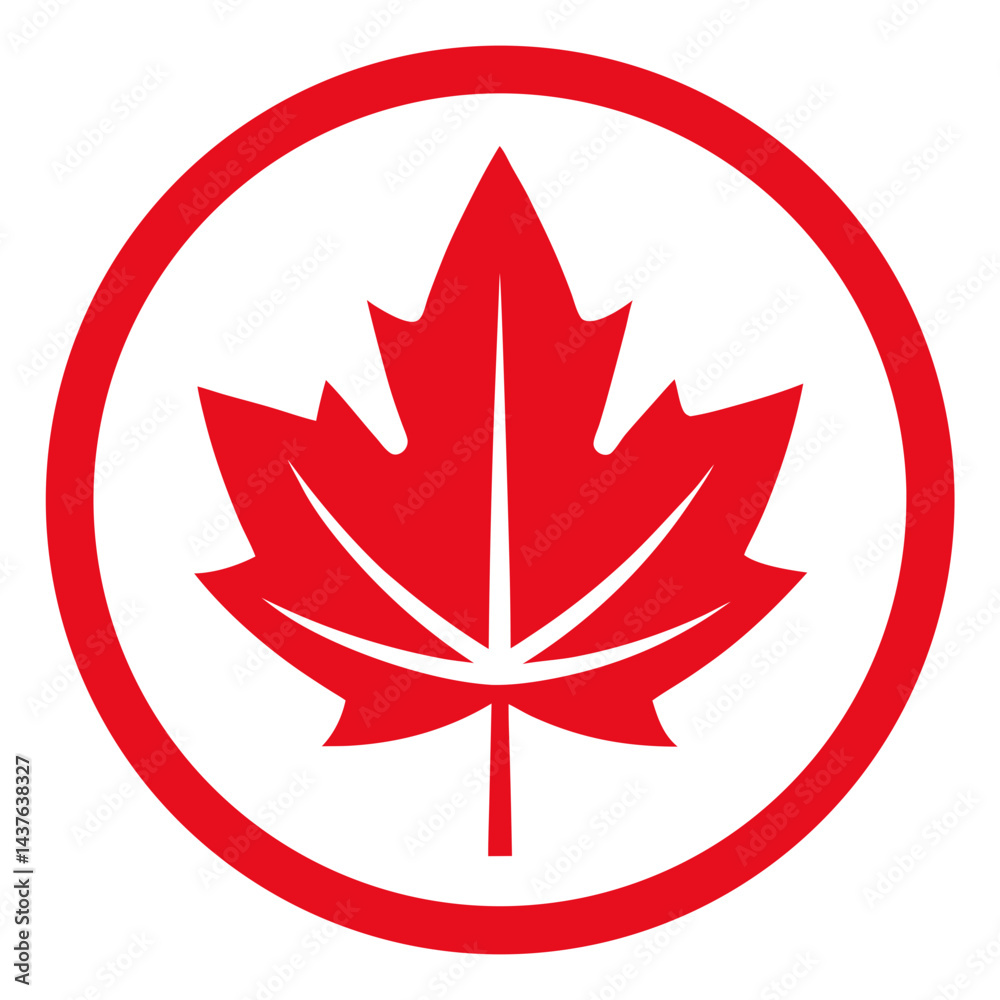 Red and white illustration of the Canadian maple leaf symbol inside a circular border, representing Canada, national pride, and cultural identity, ideal for patriotic, national, and travel-themed desi Red and white illustration of the Canadian maple leaf symbol inside a circular border, representing Canada, national pride, and cultural identity, ideal for patriotic, national, and travel-themed desi