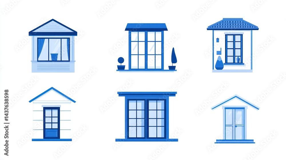 Fototapeta premium Six house exterior designs; windows, doors, and small balconies; illustration for architecture