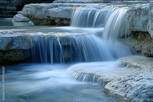 Waterfall cascading over rocks creating a serene and natural water feature.