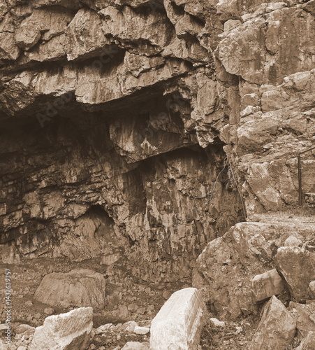 Rocky Cave Entrance Sepia Tone Close-Up Brown Color Concept